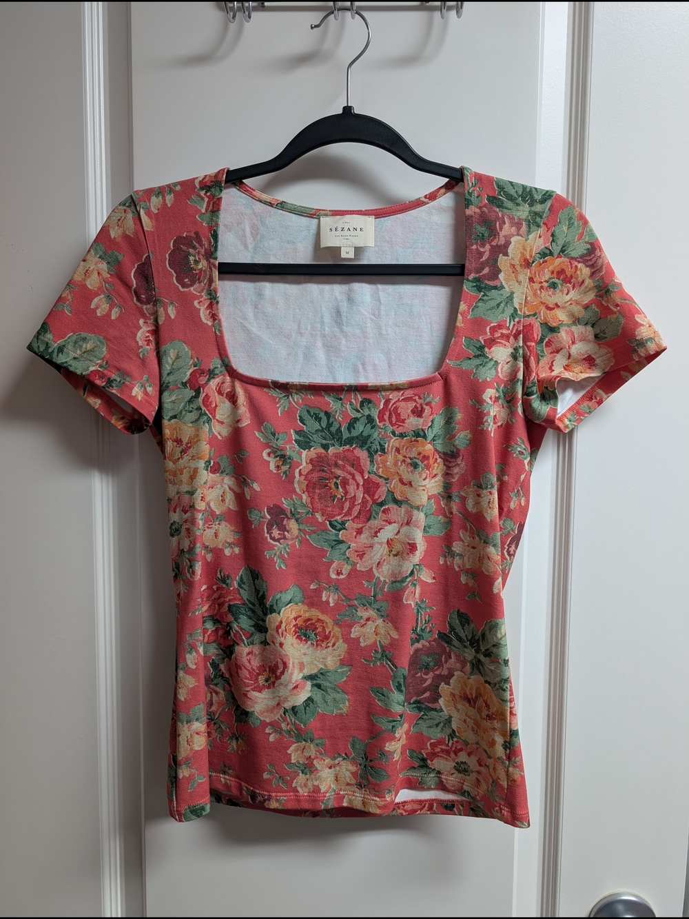 Sezane Amara T-Shirt - Coral Floral Square-Neck Short Sleeve Top